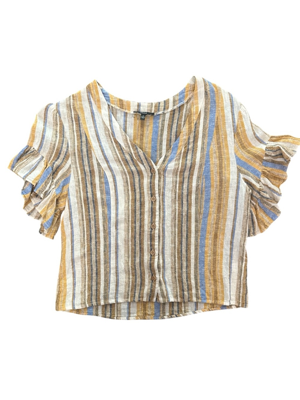 DREW by Anthropologie Striped Button-Front Ruffle Sleeve Top Mustard Blue & Tan